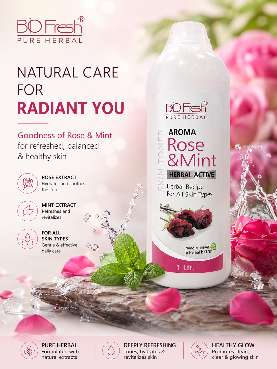 Biofresh Herbal rose & mint face mist skin toner 1000ml