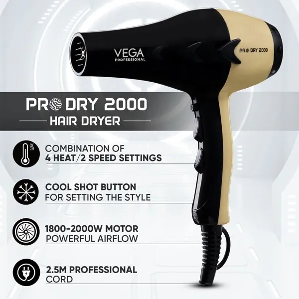 Pro Dry 2000W Hair Dryer - Gold - VPVHD-04 - Image 2