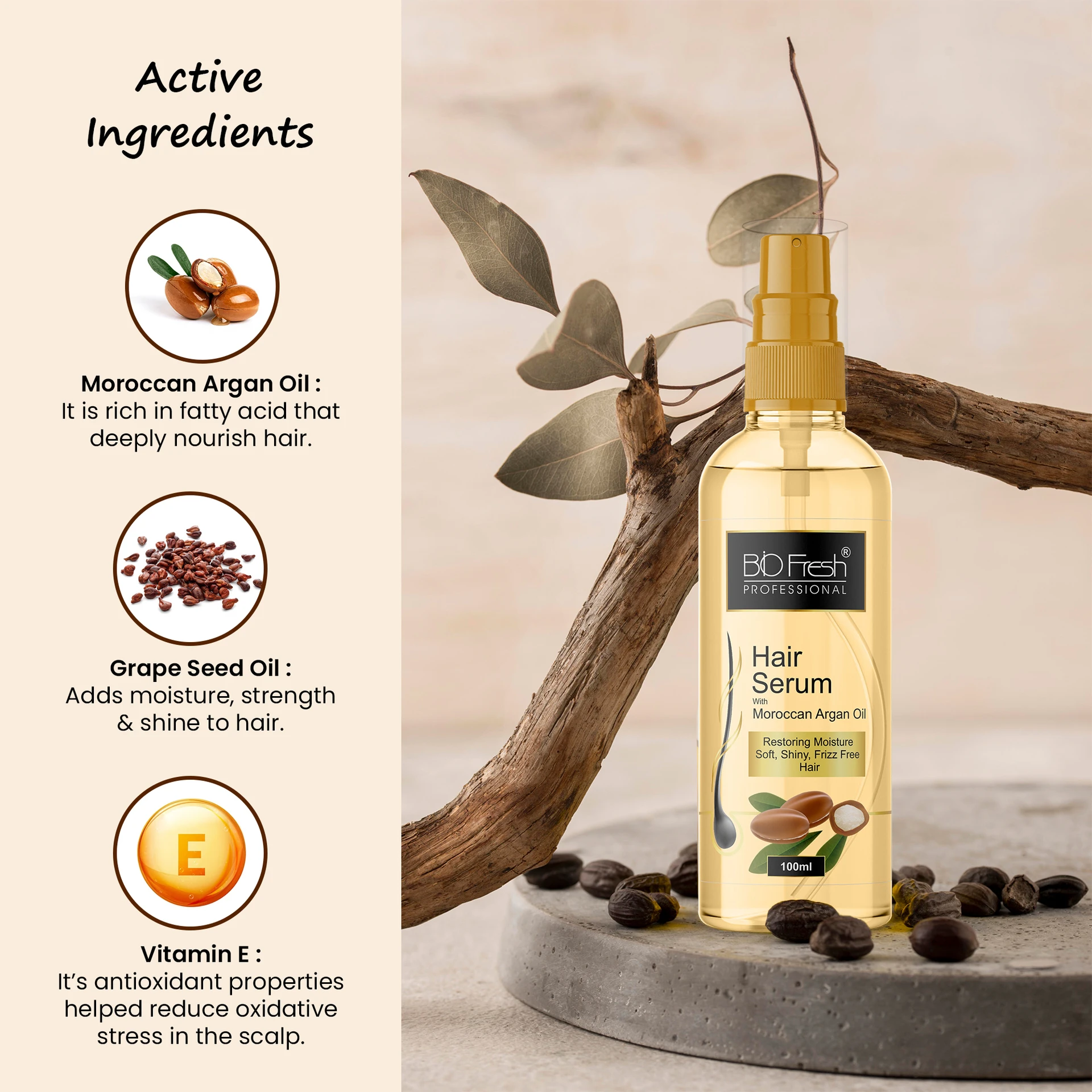 Biofresh Professional Hair Serum With Moroccan Argan Oil for Frizz Free Smooth (100 ml) - Image 4