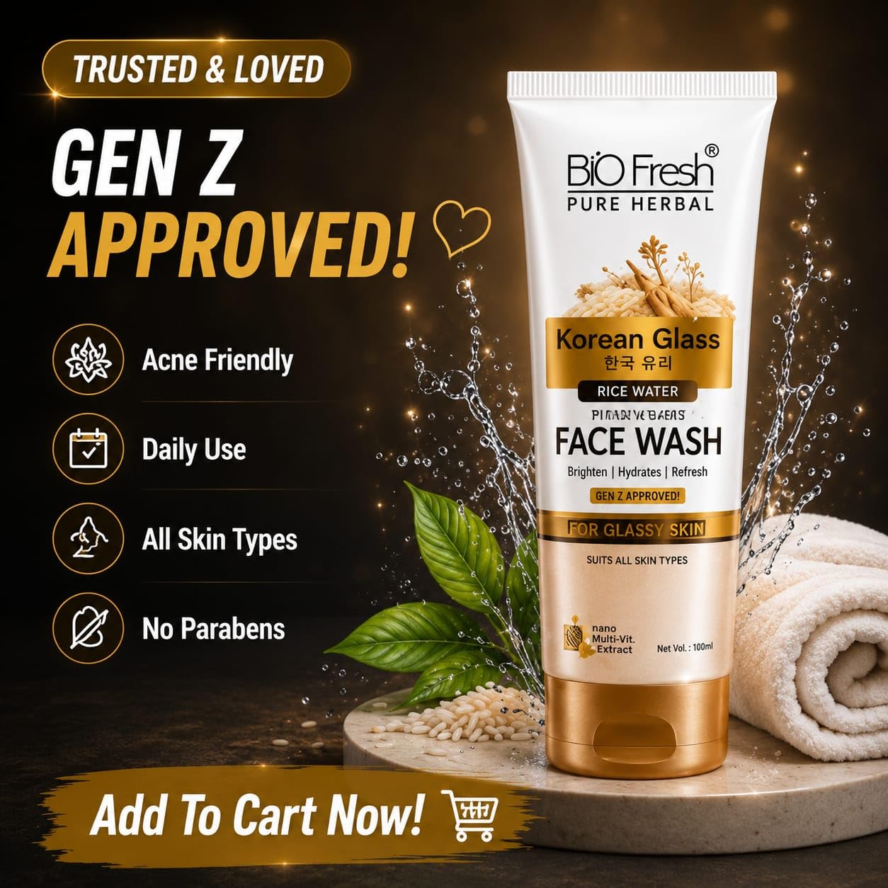 BIOFRESH Pure Herbal Korean Glass Rice Water Face Wash 100ml - Image 2