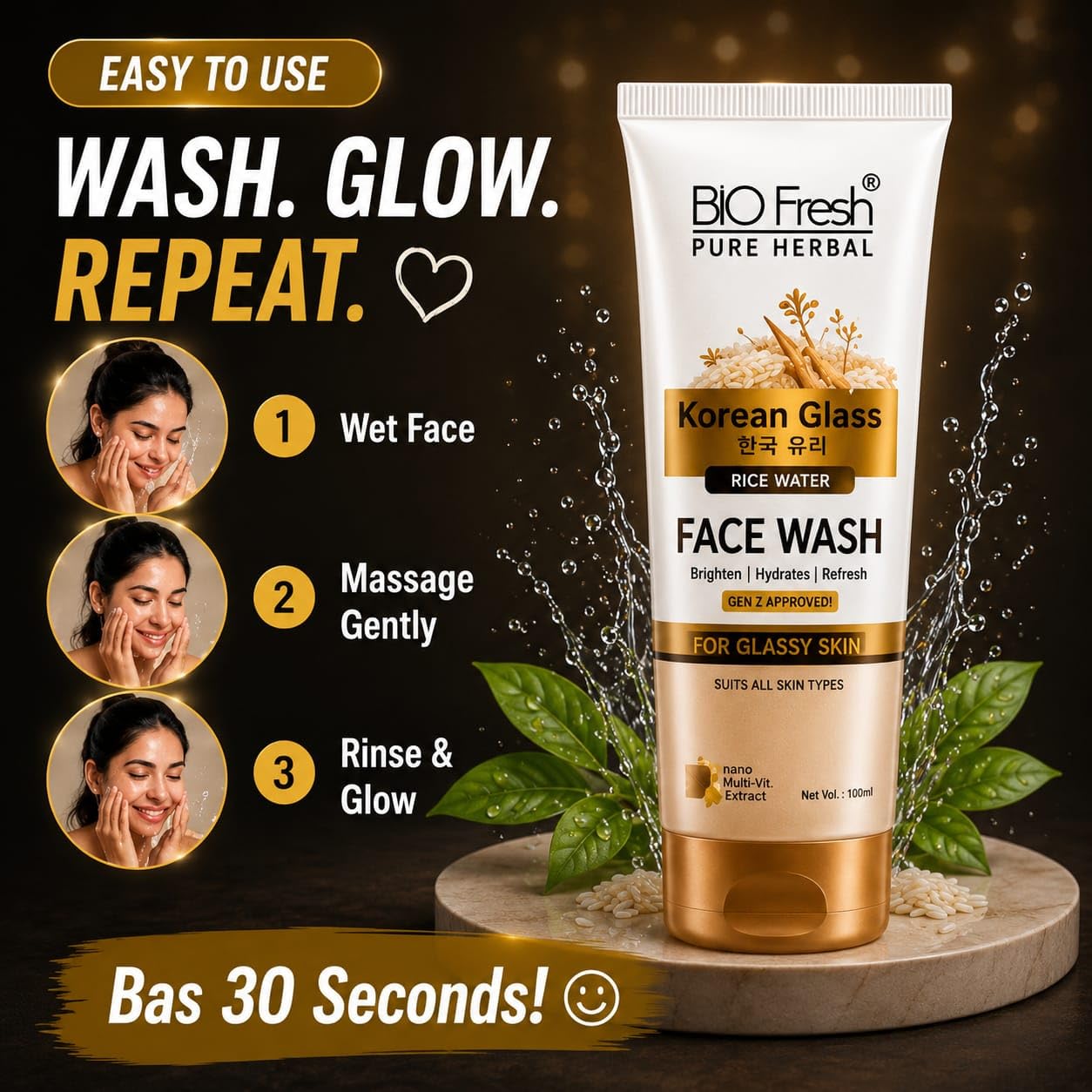 BIOFRESH Pure Herbal Korean Glass Rice Water Face Wash 100ml - Image 4