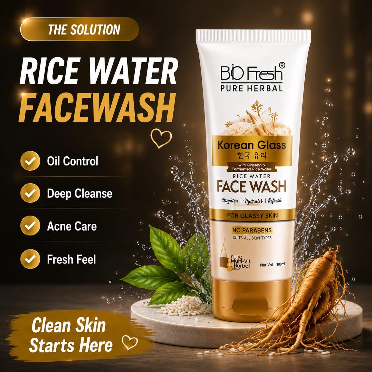 BIOFRESH Pure Herbal Korean Glass Rice Water Face Wash 100ml - Image 7