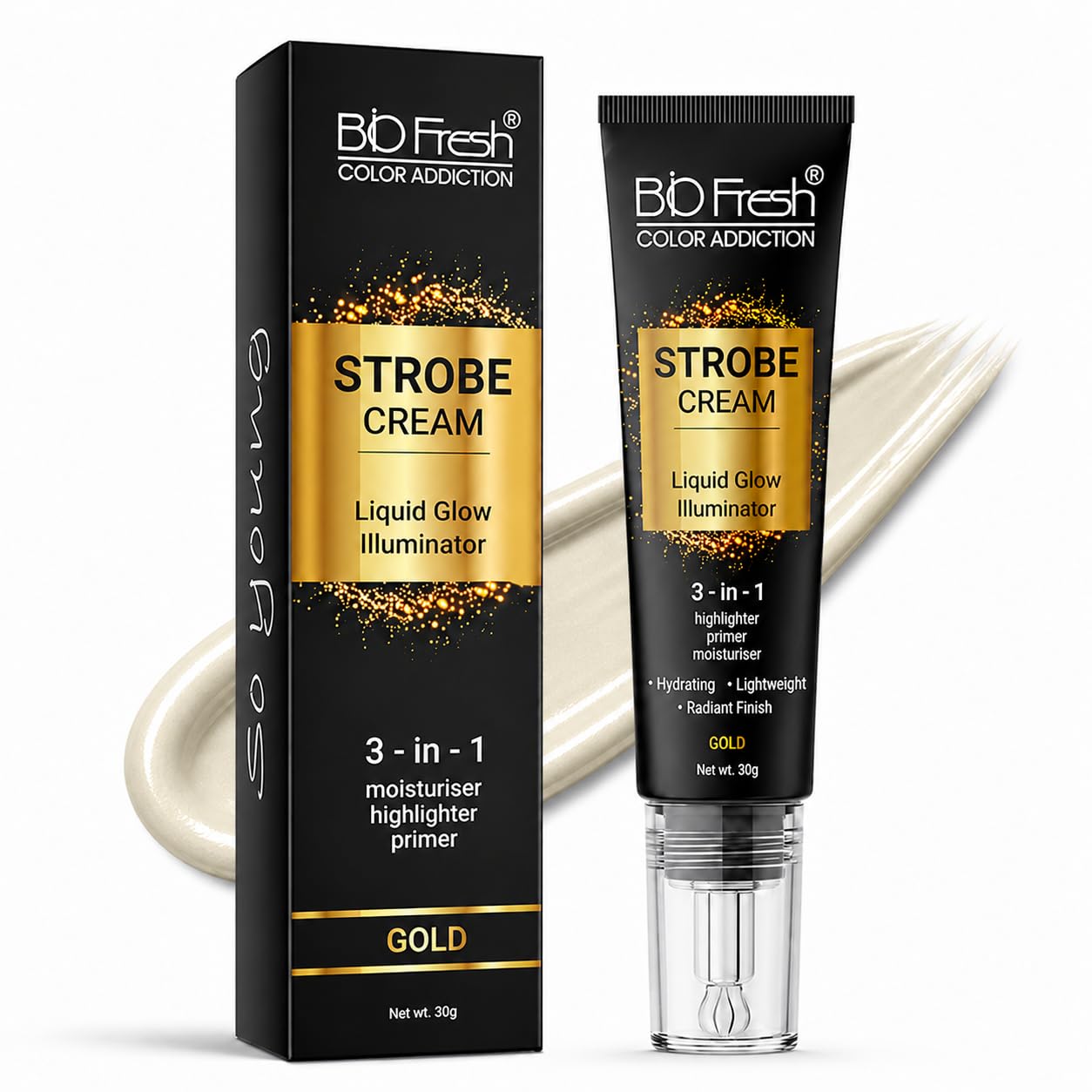 BIO Fresh Radiant Base Strobe Cream Gold Glow – Face Illuminator, Glow Primer & Liquid Highlighter for Makeup, Dewy Makeup Base & Skin Radiance Enhancer (Pack of 1)