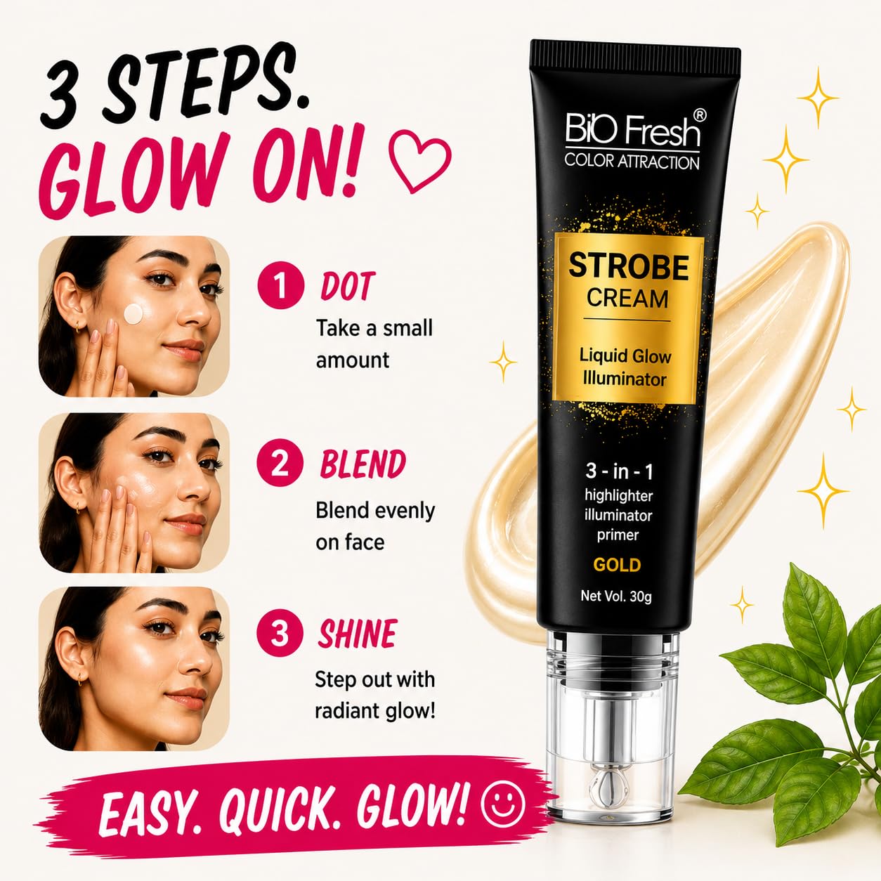 BIO Fresh Radiant Base Strobe Cream Gold Glow – Face Illuminator, Glow Primer & Liquid Highlighter for Makeup, Dewy Makeup Base & Skin Radiance Enhancer (Pack of 1) - Image 2