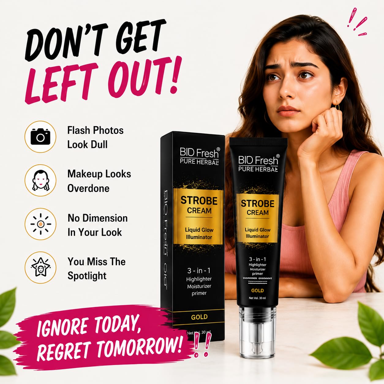 BIO Fresh Radiant Base Strobe Cream Gold Glow – Face Illuminator, Glow Primer & Liquid Highlighter for Makeup, Dewy Makeup Base & Skin Radiance Enhancer (Pack of 1) - Image 3
