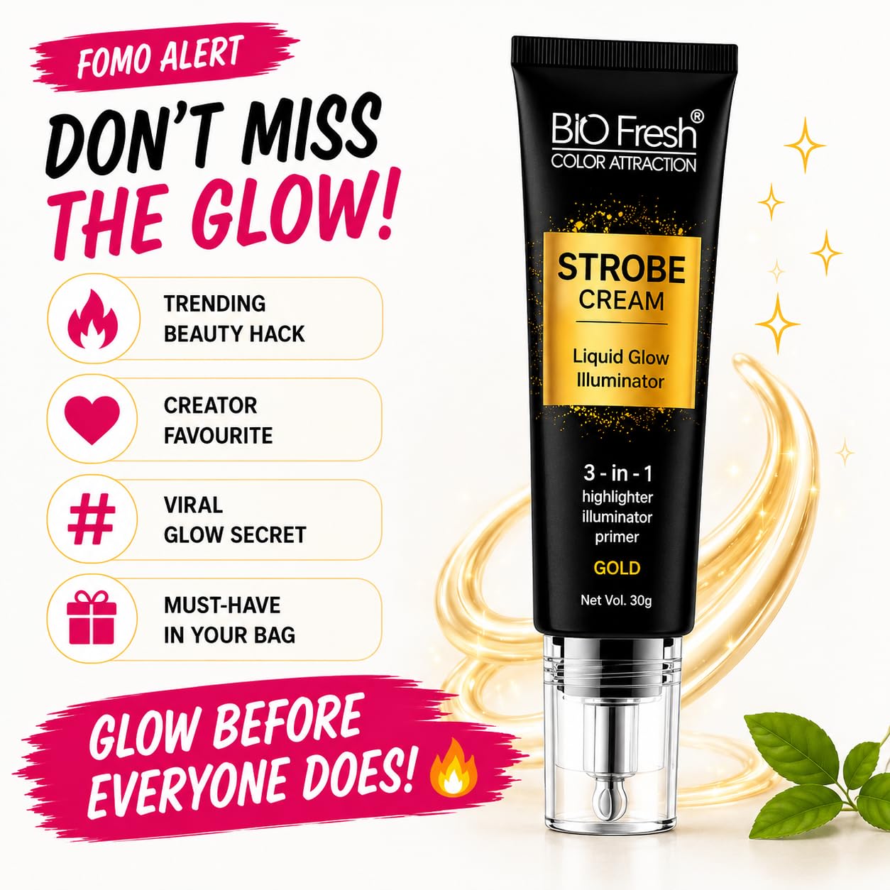 BIO Fresh Radiant Base Strobe Cream Gold Glow – Face Illuminator, Glow Primer & Liquid Highlighter for Makeup, Dewy Makeup Base & Skin Radiance Enhancer (Pack of 1) - Image 4