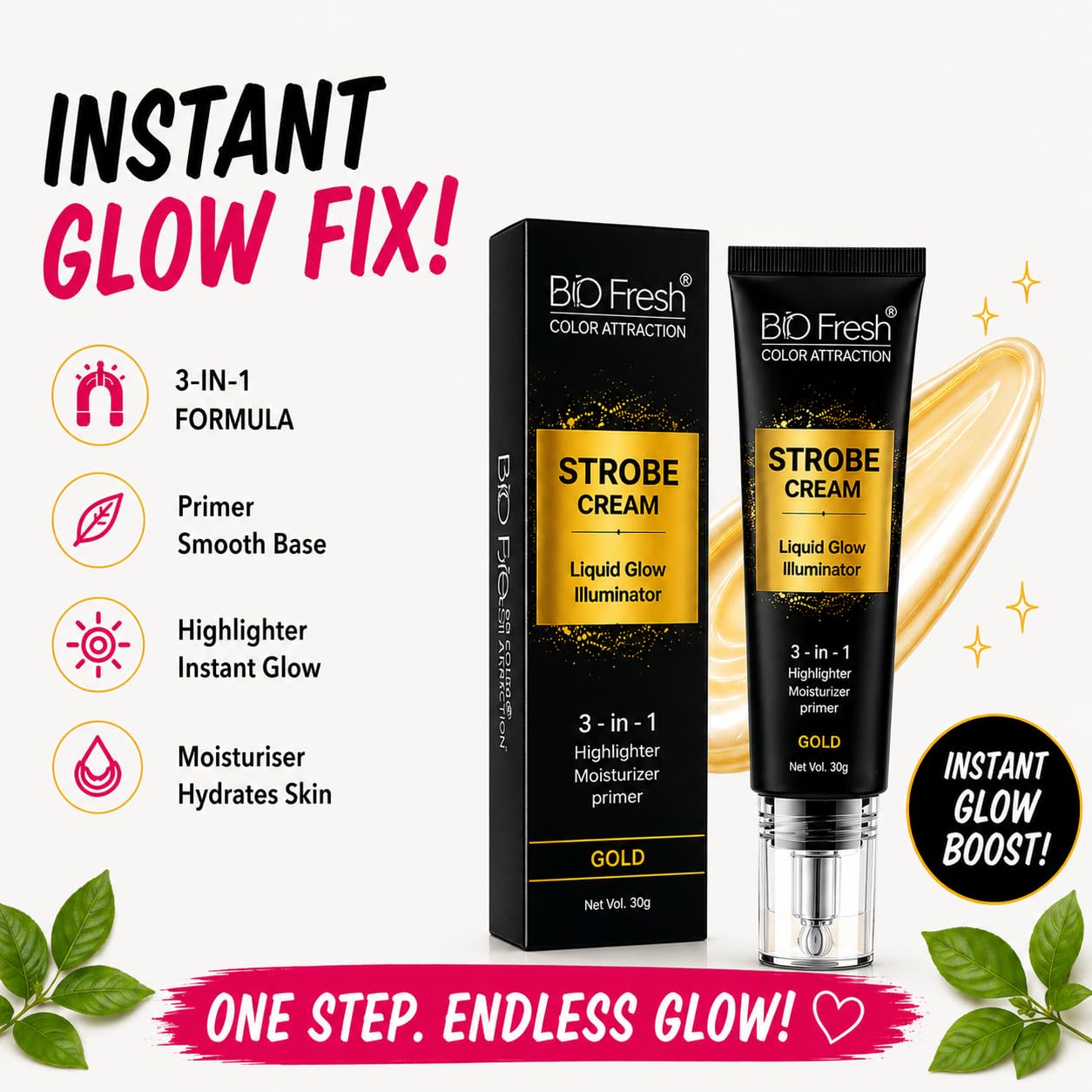 BIO Fresh Radiant Base Strobe Cream Gold Glow – Face Illuminator, Glow Primer & Liquid Highlighter for Makeup, Dewy Makeup Base & Skin Radiance Enhancer (Pack of 1) - Image 7