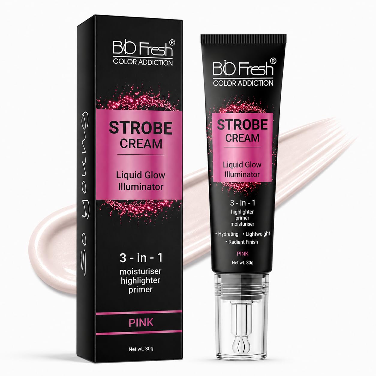 BIO Fresh Radiant Base Strobe Cream Pink Glow – Face Illuminator, Glow Primer & Liquid Highlighter for Makeup, Dewy Makeup Base & Skin Radiance Enhancer, Pink, Cream, Pack of 1
