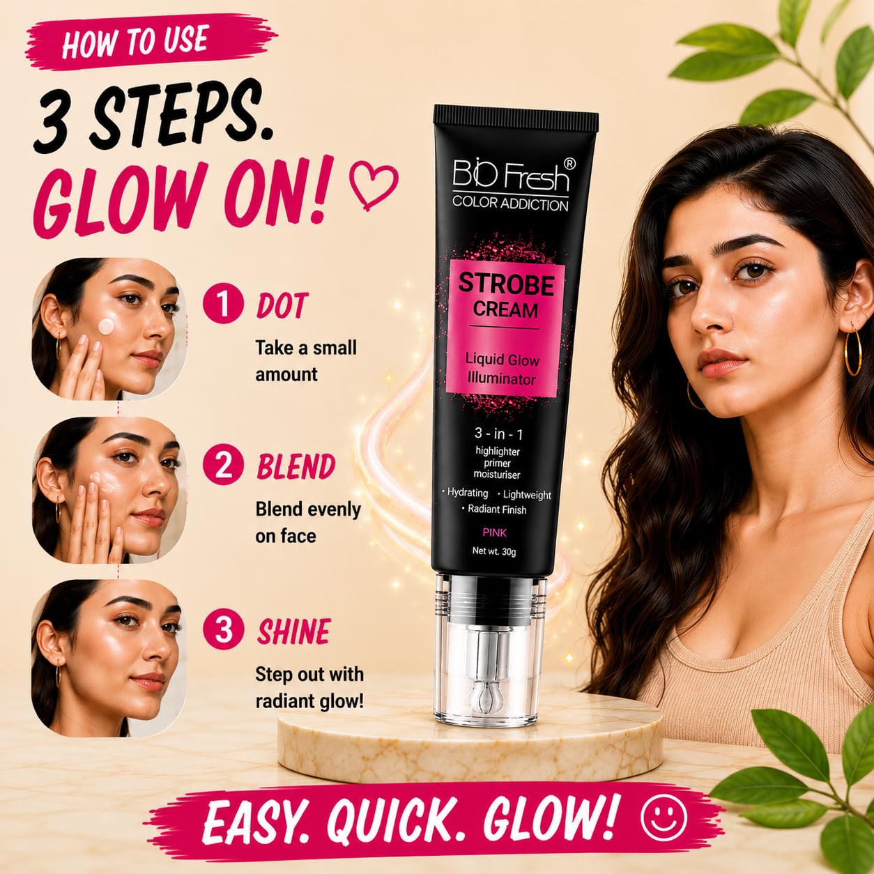 BIO Fresh Radiant Base Strobe Cream Pink Glow – Face Illuminator, Glow Primer & Liquid Highlighter for Makeup, Dewy Makeup Base & Skin Radiance Enhancer, Pink, Cream, Pack of 1 - Image 2