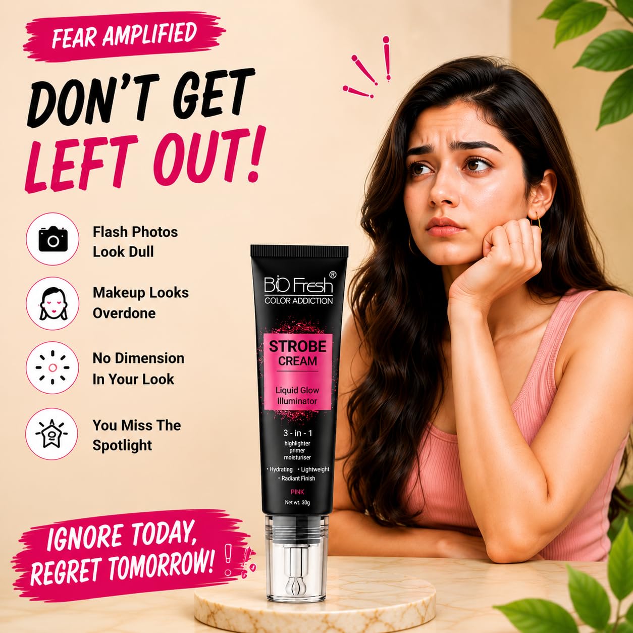BIO Fresh Radiant Base Strobe Cream Pink Glow – Face Illuminator, Glow Primer & Liquid Highlighter for Makeup, Dewy Makeup Base & Skin Radiance Enhancer, Pink, Cream, Pack of 1 - Image 3