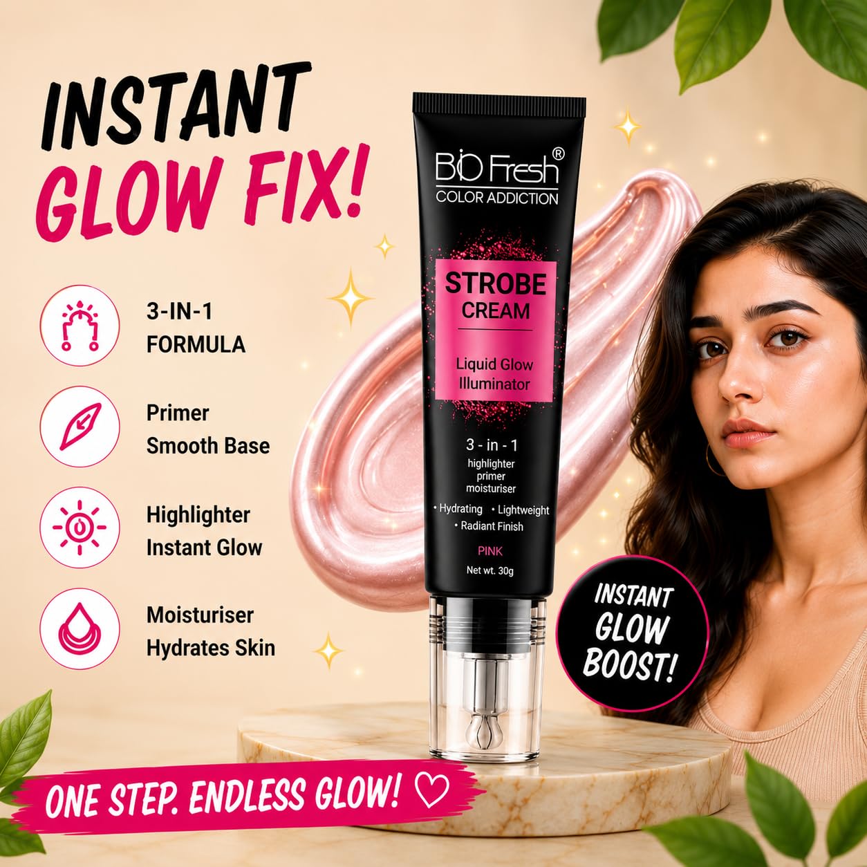 BIO Fresh Radiant Base Strobe Cream Pink Glow – Face Illuminator, Glow Primer & Liquid Highlighter for Makeup, Dewy Makeup Base & Skin Radiance Enhancer, Pink, Cream, Pack of 1 - Image 4