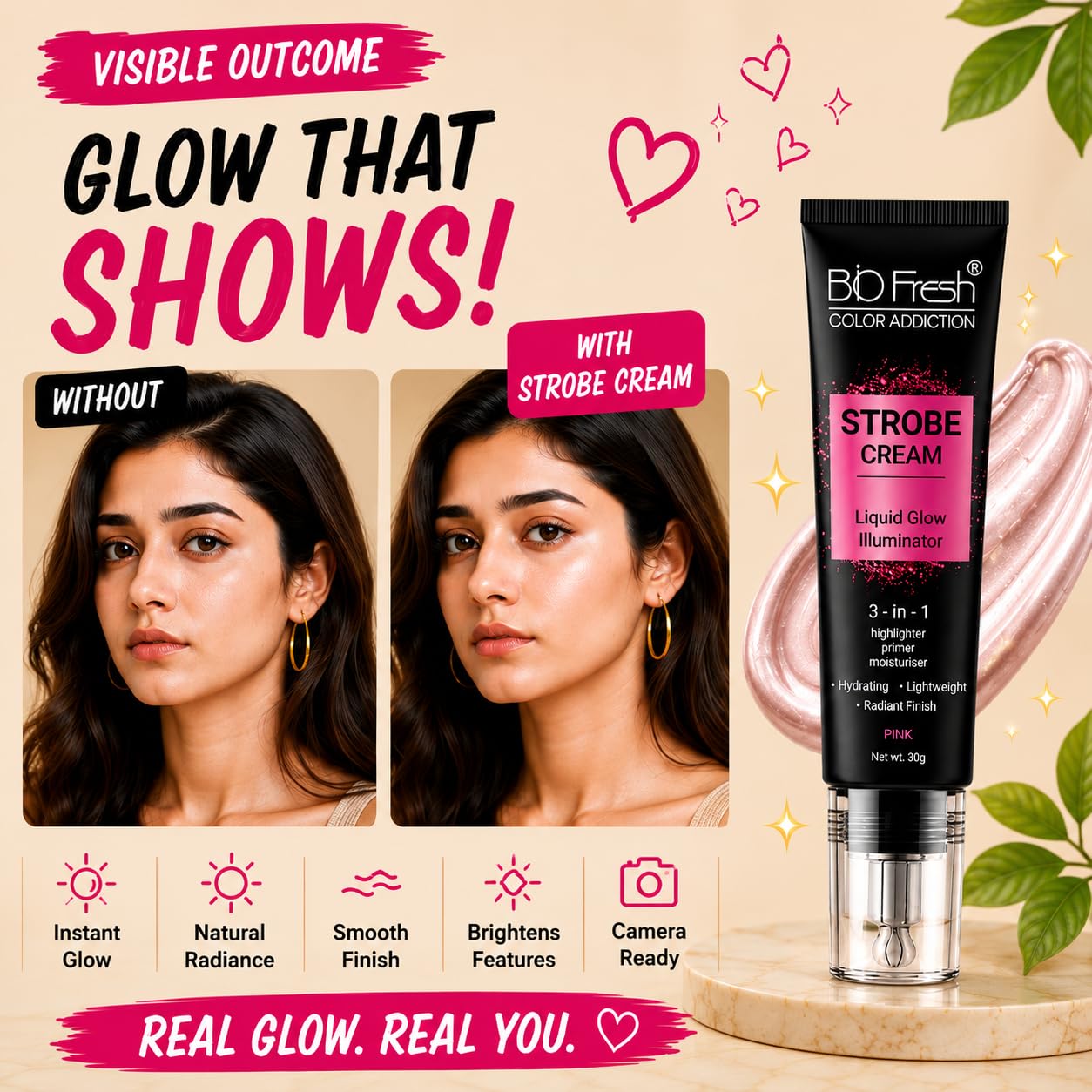 BIO Fresh Radiant Base Strobe Cream Pink Glow – Face Illuminator, Glow Primer & Liquid Highlighter for Makeup, Dewy Makeup Base & Skin Radiance Enhancer, Pink, Cream, Pack of 1 - Image 5