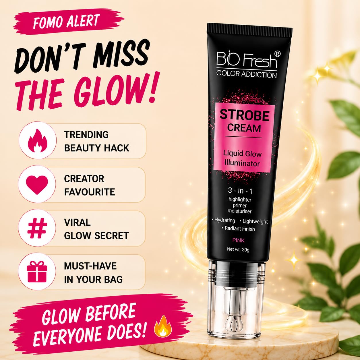 BIO Fresh Radiant Base Strobe Cream Pink Glow – Face Illuminator, Glow Primer & Liquid Highlighter for Makeup, Dewy Makeup Base & Skin Radiance Enhancer, Pink, Cream, Pack of 1 - Image 7