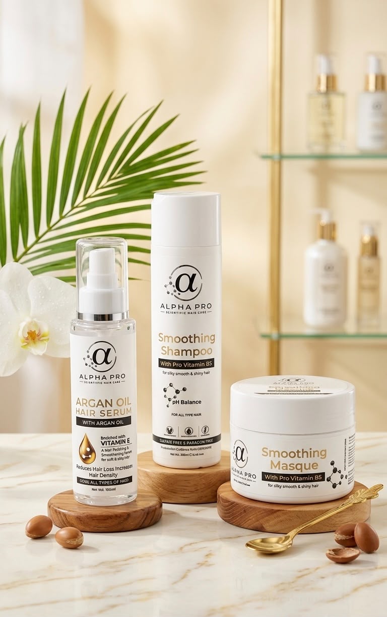 Alpha Pro Smoothing Shampoo 300ml and Smoothing Masque 250ml and Argan Oil Hair Serum 100ml Combo