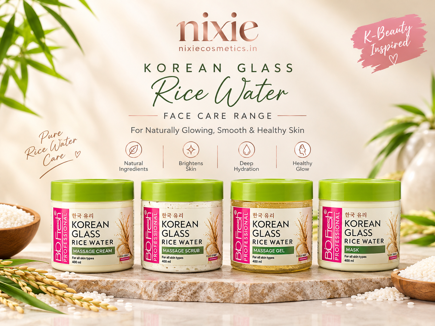 Biofresh Professional Korean Glass Skin Rice Water Eco Facial | Cream, Scrub, Gel , Mask |(400ml*4)